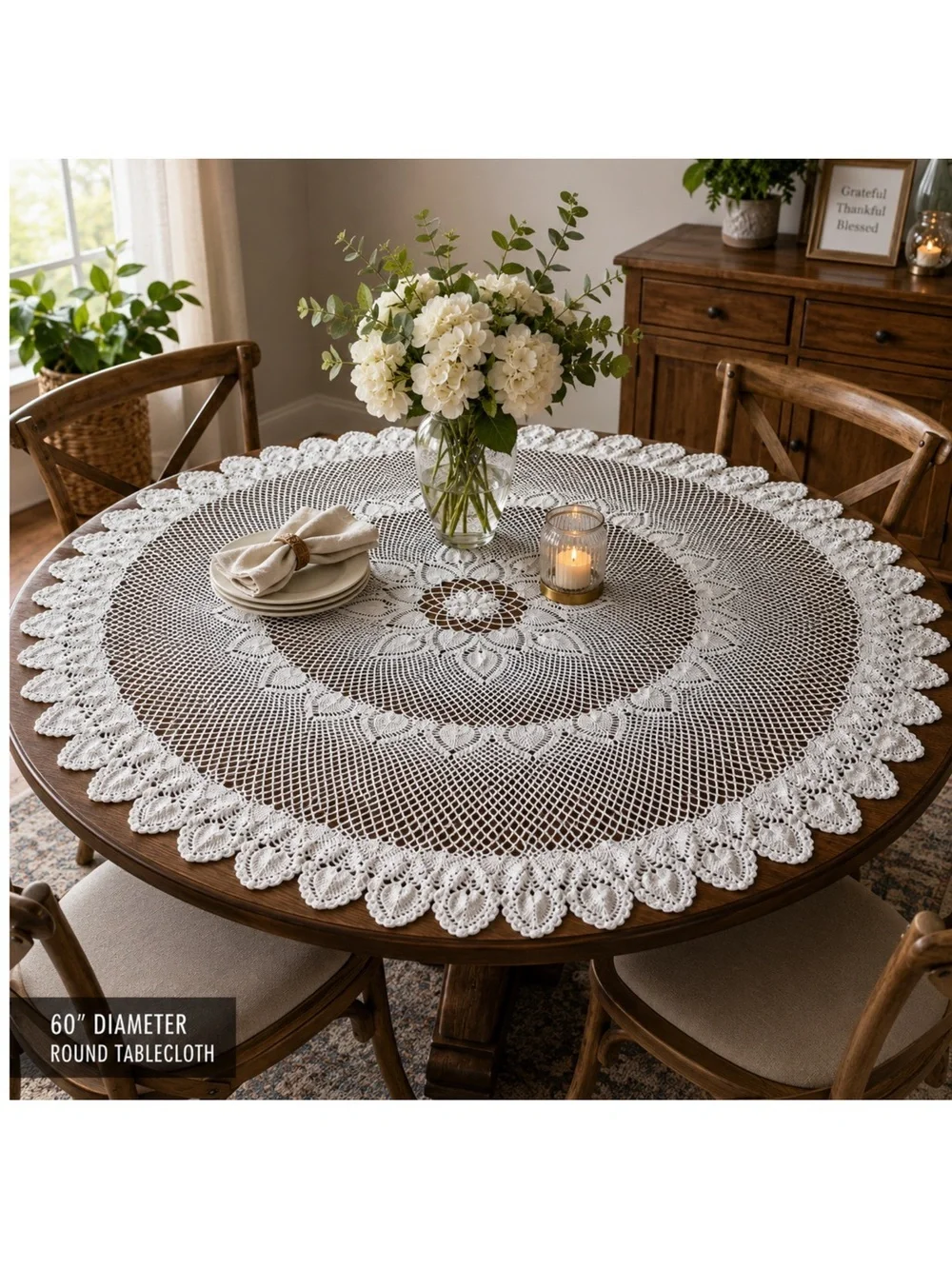 Handmade 60” White Floral Design Round Crochet Table Cloth Centerpiece VGC